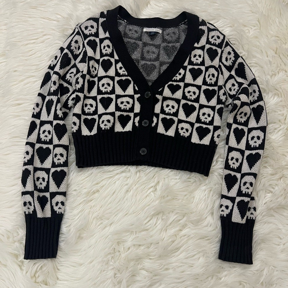 American Eagle Outfitters Black and White Skull Cardigan